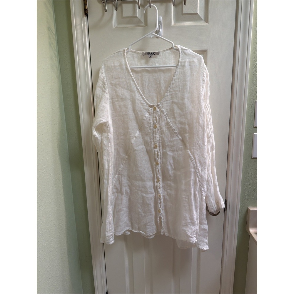 Flax Linen Sz M Cream White Sheer Tunic Top Shirt Dress Beach Coverup Breezy